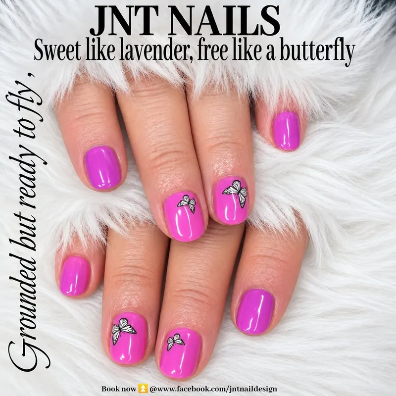 Short bright pink nails with small painted butterflies, JNT Nails post