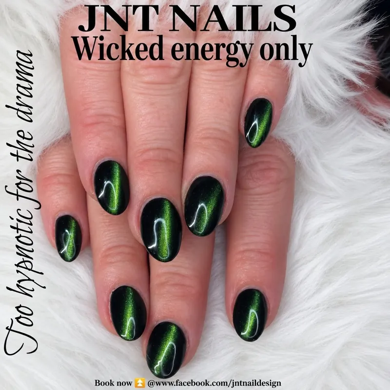 Black and green cat eye nails with a magnetic shimmer, JNT Nails post