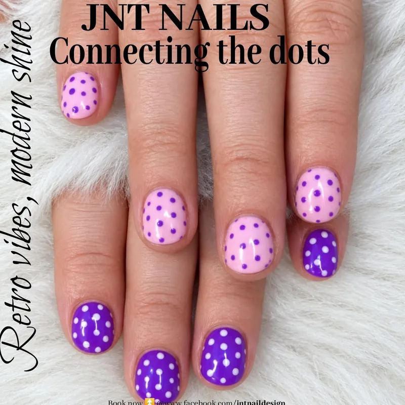 Short nails in pink and purple with white polka dots, JNT Nails post